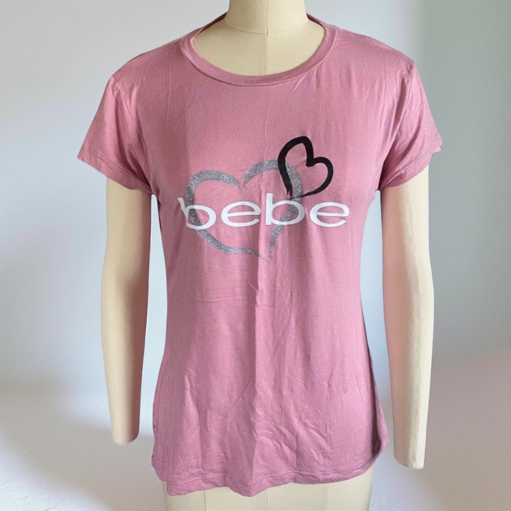 Bebe Pink Graphic Logo Women's Top w/ Sparkle Hearts